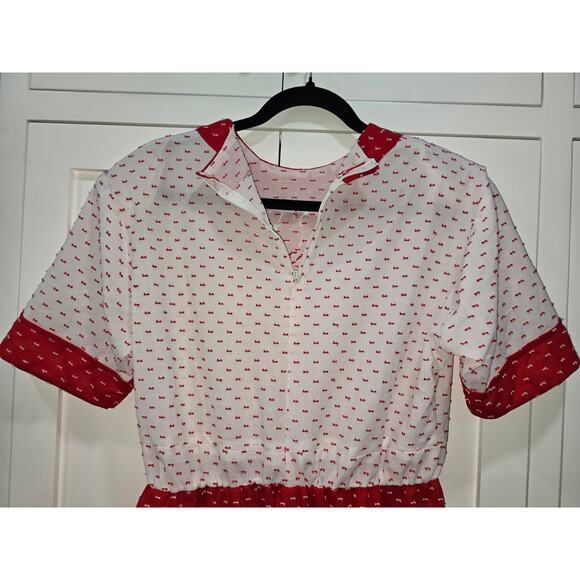 Red & White Prairie Midi Dress with Rose Appliqué – Size M/L (Handmade) - Picture 12 of 16